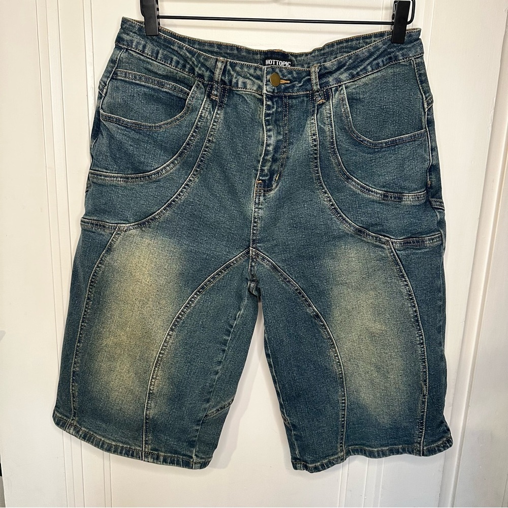 Hot Topic Men's Blue Distressed Denim Shorts wavy stitch